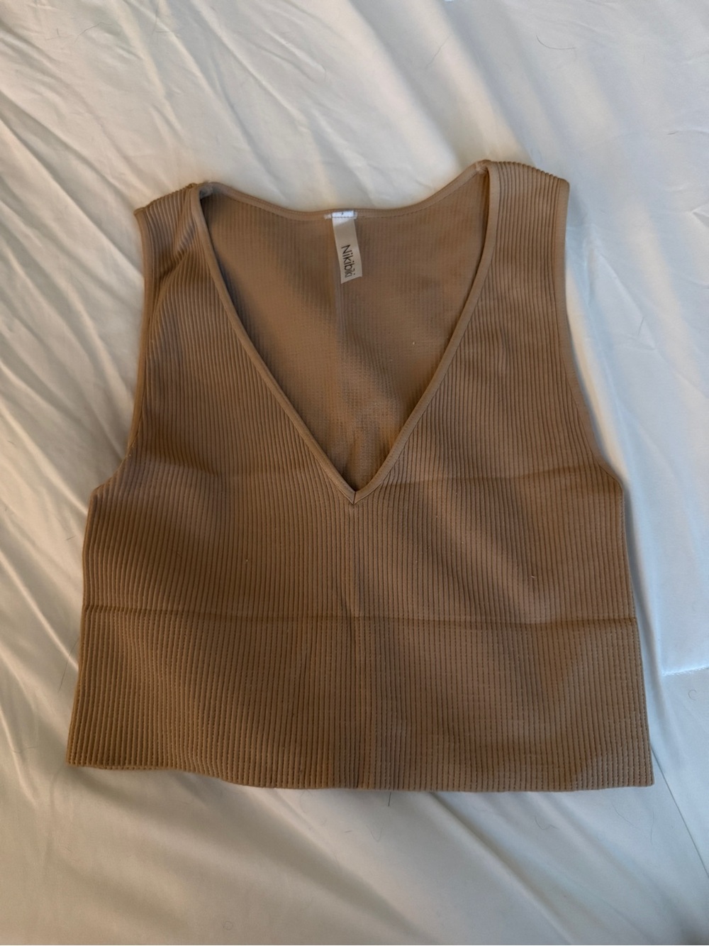 Aritzia Ribbed V-Neck Cropped Tank in Taupe